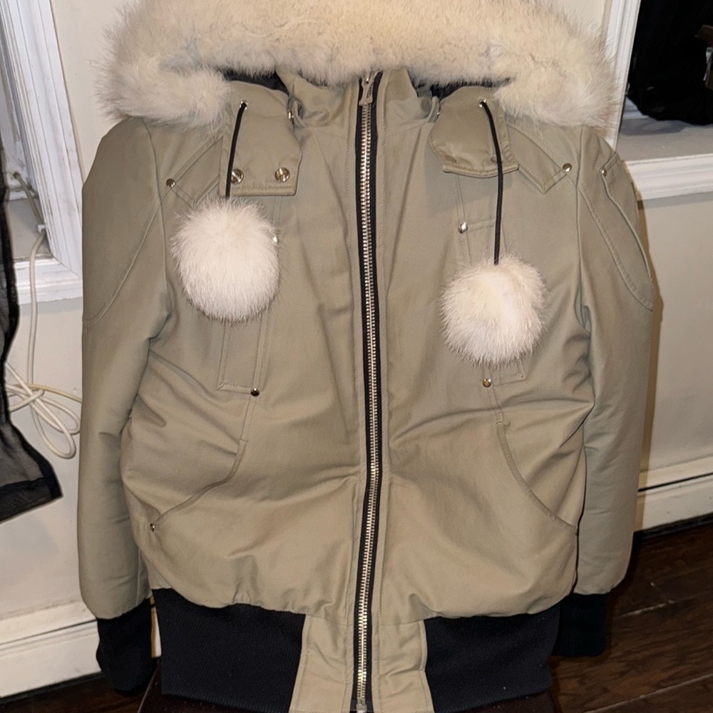 Moose Knuckles Bomber Jacket with Fur Trim in Tan and Black
